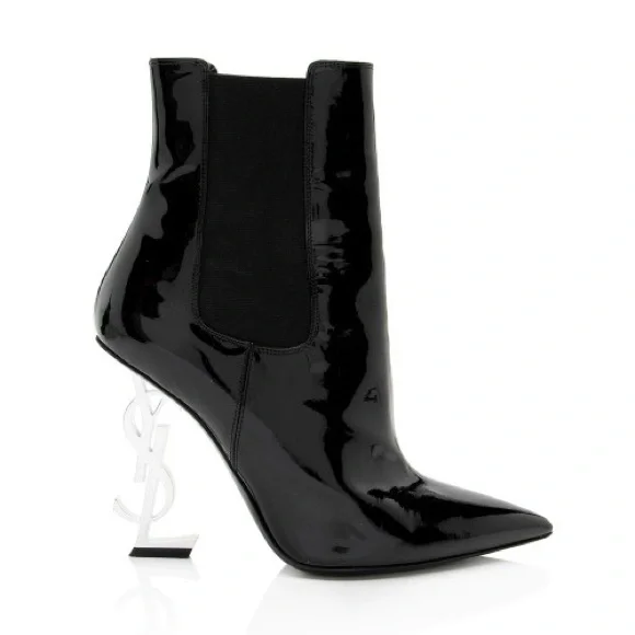 Yves Saint Laurent Glossy Black Heeled Boots - Picture 1 of 8